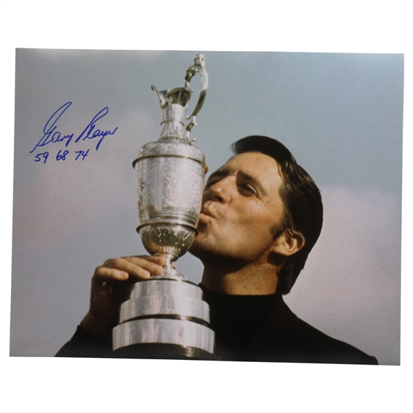 Gary Player Signed Claret Jug 16x20 Photo with 59,68,74 JSA ALOA