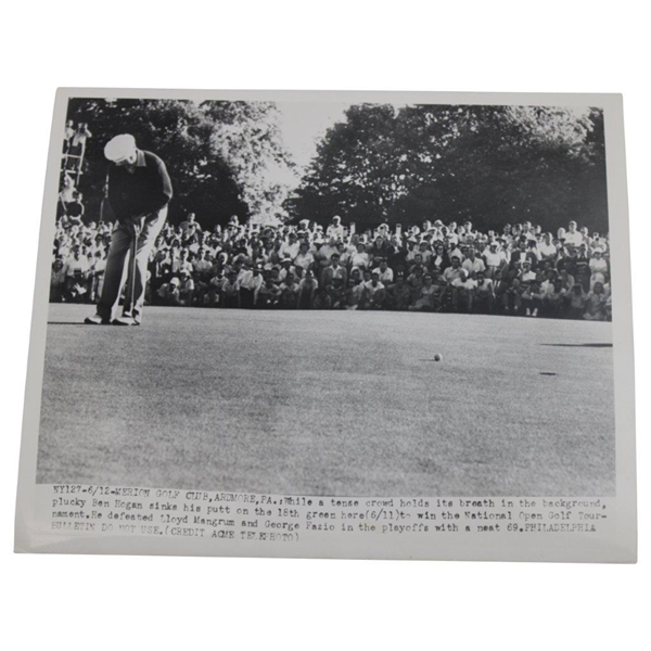 Ben Hogan 1950 US Open at Merion Winning Putt on 18th Green Wire Photo