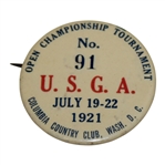 1921 US Open at Columbia CC U.S.G.A. Badge #91 - Jim Barnes Win