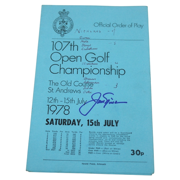 Jack Nicklaus Signed 1978 The Open at St. Andrews Saturday Order of Play Booklet JSA ALOA
