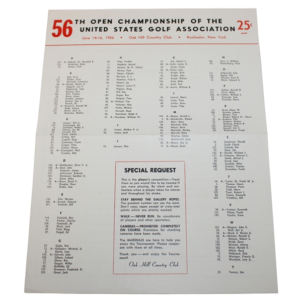 1956 U.S. Open Oak Hill Country Club Final Day Pairing Sheet
