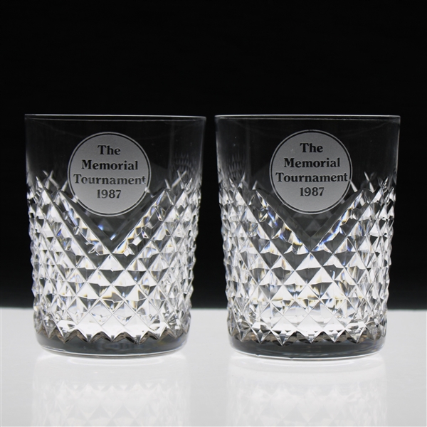 Mark Calcavecchias Two (2) 1987 Memorial Tournament Waterford Rocks Glasses