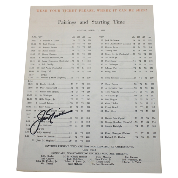 Jack Nicklaus Signed 1965 Masters Tournament Sunday Pairing Sheet JSA ALOA
