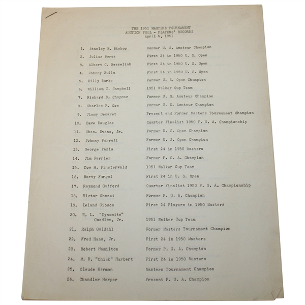 1951 Masters Tournament Auction Pool - Players Records & Qualifiers