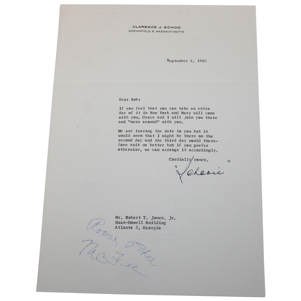 Bobby Jones 1960 Letter from Clarence Schoo with Jones Handwritten Notations
