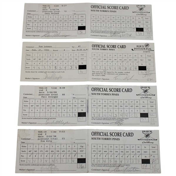 Lehman, Azinger, Kite & Five (5) Others Signed 1993 & 1998 Buick Invitational Tournament Used Scorecards