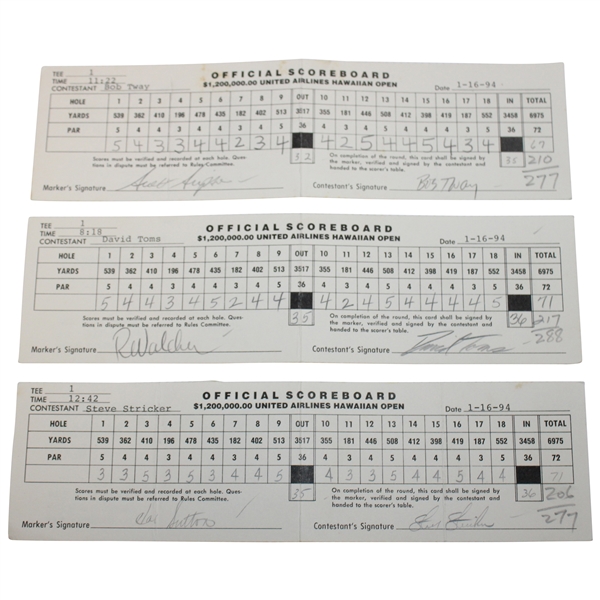 Sutton, Tway, Stricker & Three (3) Others Signed 1994 UA Hawaiian Open Tournament Used Scorecards