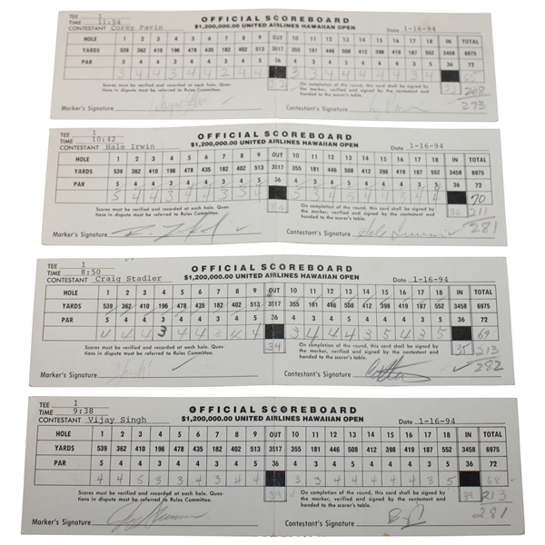 Singh, Irwin, Pavin & Five (5) Others Signed 1994 United Airlines Hawaiian Open Tournament Used Scorecards