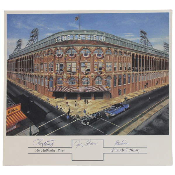 Roger Craig, Johnny Podres & Clem Labine Signed Piece of Baseball History Ebbets Field Poster JSA ALOA