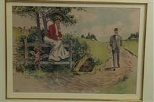 1904 Lady Golfer Smitten By Eros As Man Walks Near Color Print By Lou Mayer, Wood Framed
