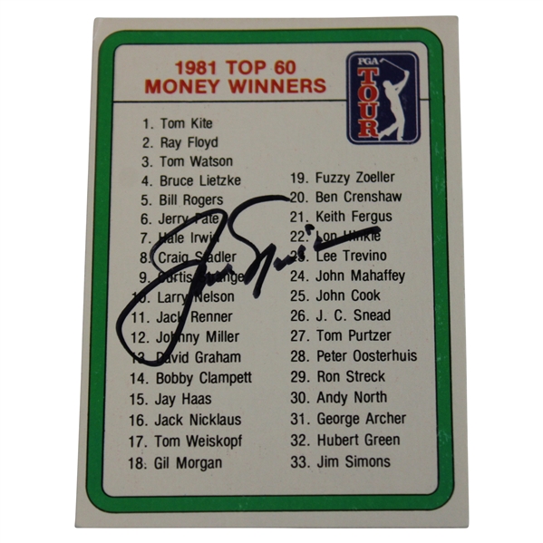 Jack Nicklaus Signed 1981 PGA Tour Top 60 Money Winners Checklist Card (1982) JSA ALOA