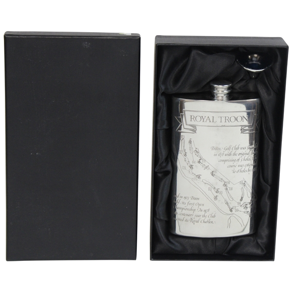Royal Troon Pewter Flask with Course Layout & Scorecard Engraved - Great Condition in Original Box