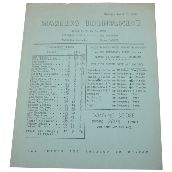 1950 Masters Tournament Betting Sheet 