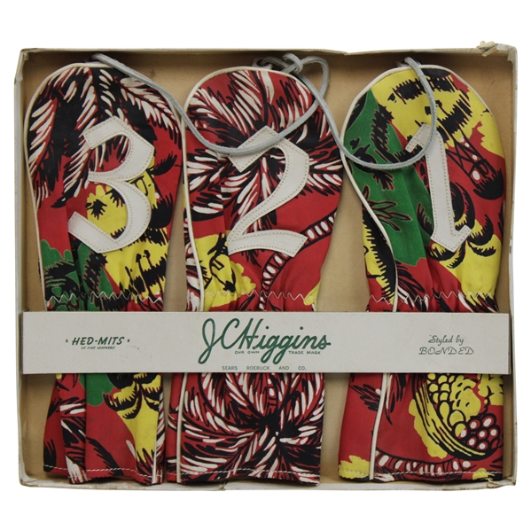 Classic Vibrant J.C. Higgins Fine Leather Club Head Covers "Hed-Mits" in Original Box