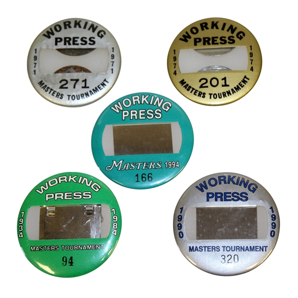 1971, 1974, 1984, 1990, & 1994 Masters Tournament Working Press Badges
