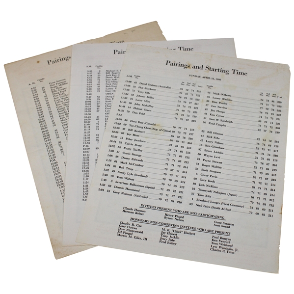 1986 Masters Tournament Thursday, Friday & Sunday Official Pairing Sheets - Jack Nicklaus Winner