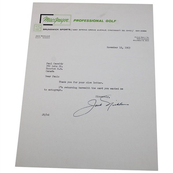 Jack Nicklaus Signed 1963 Macgregor Letter JSA ALOA
