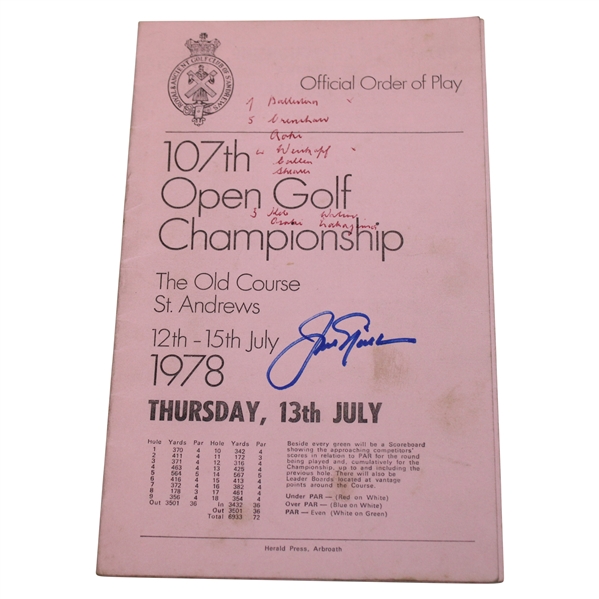 Jack Nicklaus Signed 1978 The Open at St. Andrews Thursday Order of Play Booklet JSA ALOA