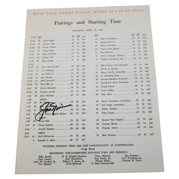 Jack Nicklaus Signed 1965 Masters Tournament Saturday Pairing Sheet JSA ALOA