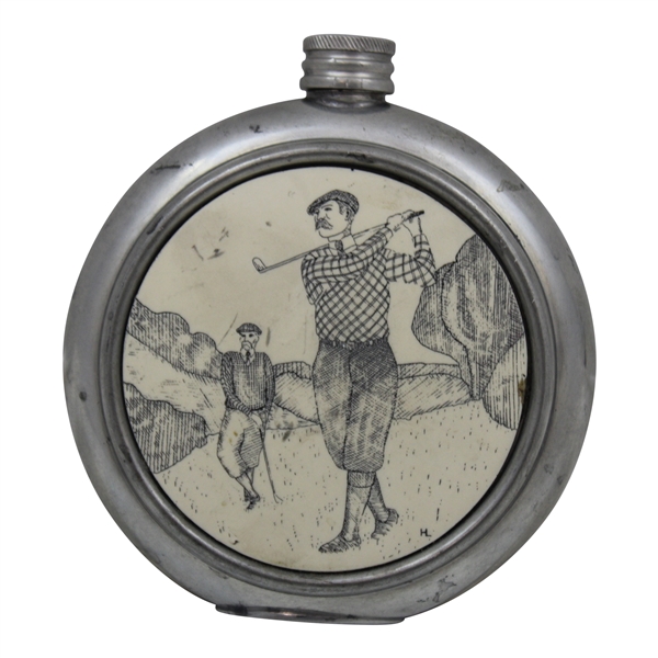 Harrads English Pewter Golf Scene Flask