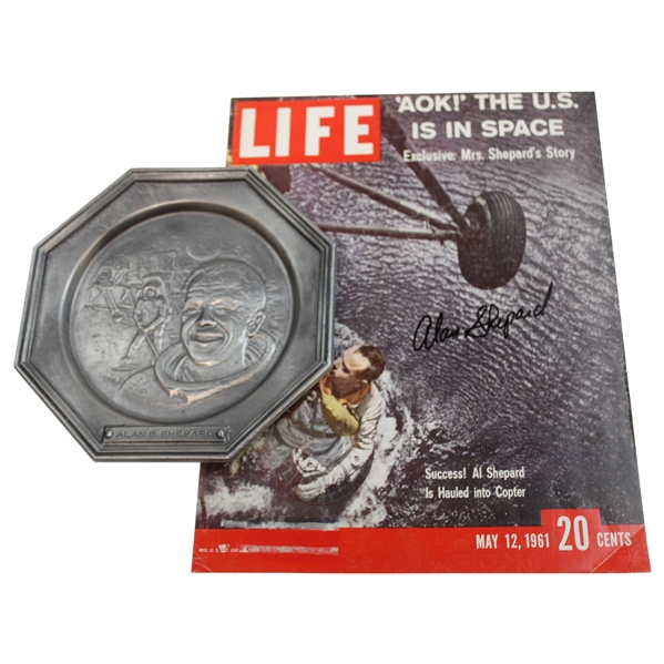 Alan Shepard Signed May 12, 1961 Life Magazine, & Pewter Plate