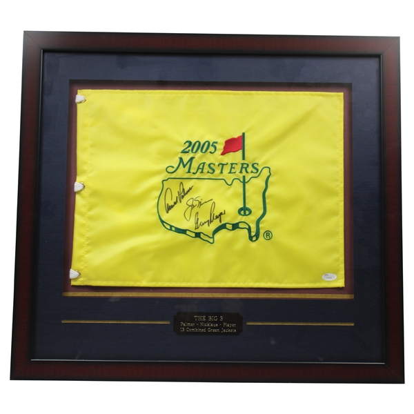 Palmer, Nicklaus & Player Big Three Signed 2005 Masters Embroidered Flag - Framed JSA #Y03323