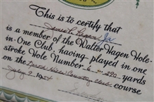Walter Hagen Signed Hole In One Club Certificate Dated July 9 1954 JSA ALOA