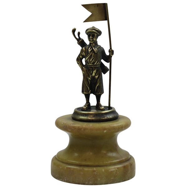 Older Uncommon Statue Of A Caddy Holding Flag On Marble Or Alabaster Type Plinth
