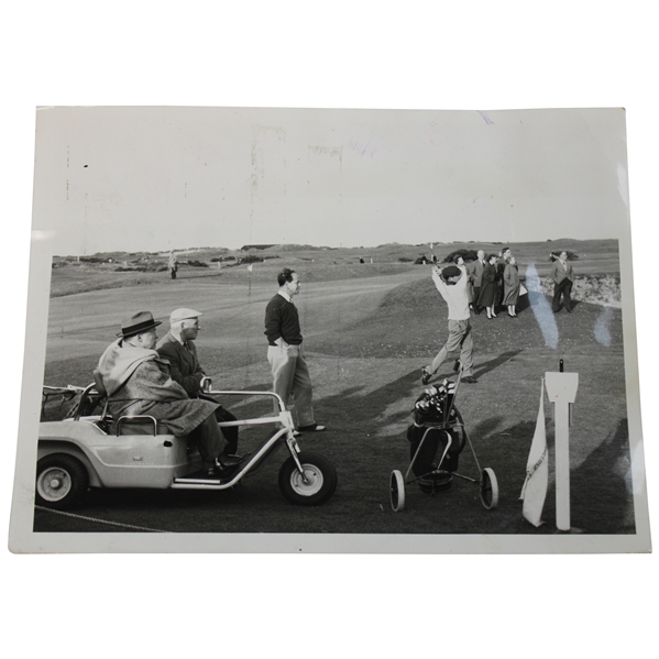 1958 World Amateur Championship Wire Photo of Bobby Jones Riding In His Electric Wheelchair Watching Player Tee Off