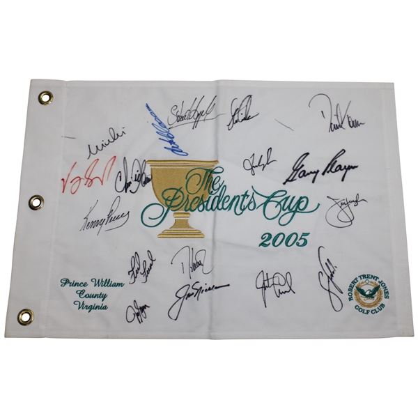 Captains Nicklaus & Player & others Multi-Signed 2005 The Presidents Cup Embroidered Flag JSA ALOA