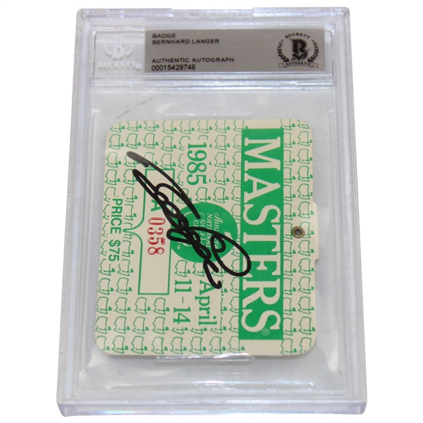 Bernhard Langer Signed 1985 Masters Series Badge #A0358 Beckett #00015429746