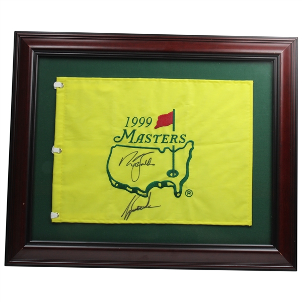 Tiger Woods & Nick Faldo Signed 1999 Masters Embroidered Flag - Framed JSA ALOA