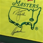 Tiger Woods & Nick Faldo Signed 1999 Masters Embroidered Flag - Framed JSA ALOA