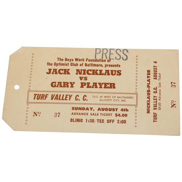 Jack Nicklaus Vs. Gary Player Turf Valley CC Full Press Ticket