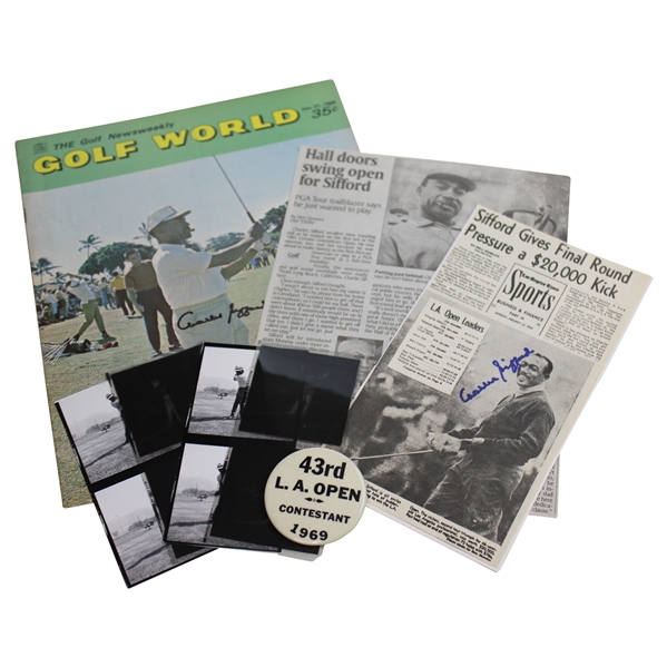 Charlie Sifford Signed 1969 Golf World & LA Open Article w/1969 LA Open Contestant Badge & 1964 Negatives JSA ALOA