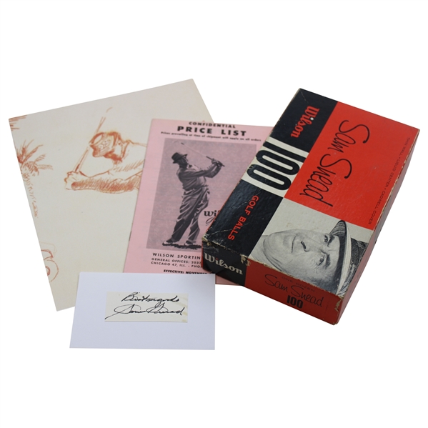 Sam Snead Signed Neiman Print, Cut Card w/1955 Wilson Catalog & Sam Snead 100 Golf Ball Box w/Balls JSA ALOA
