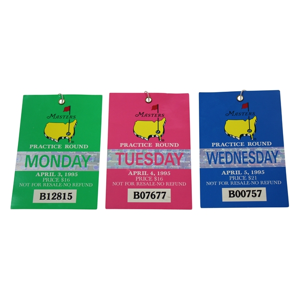 1995 Masters Tournament Monday, Tuesday & Wednesday Practice Rd Tickets - Ben Crenshaw Winner