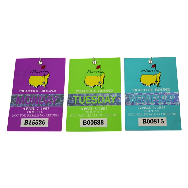 1997 Masters Tournament Monday, Tuesday & Wednesday Practice Rd Tickets - Tiger Woods Winner