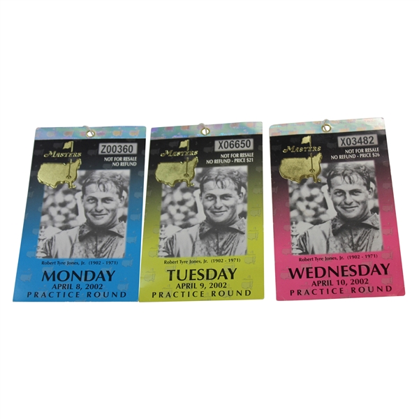 2002 Masters Tournament Monday, Tuesday & Wednesday Practice Rd Tickets - Tiger Woods Winner