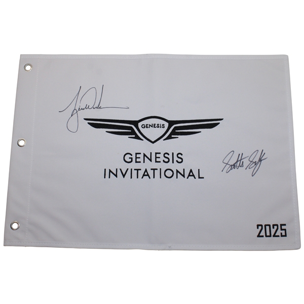 Tiger Woods & Scottie Scheffler Signed 2025 Genesis Invitational Embroidered Flag JSA ALOA