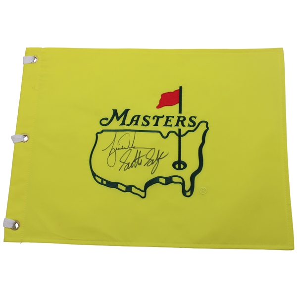 Tiger Woods & Scottie Scheffler Signed Replica Undated Masters Flag JSA ALOA