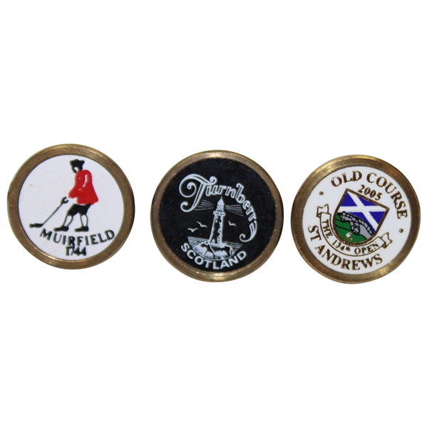Three (3) Vintage British Open Ball Markers - Muirfield, Turnberry, St. Andrews