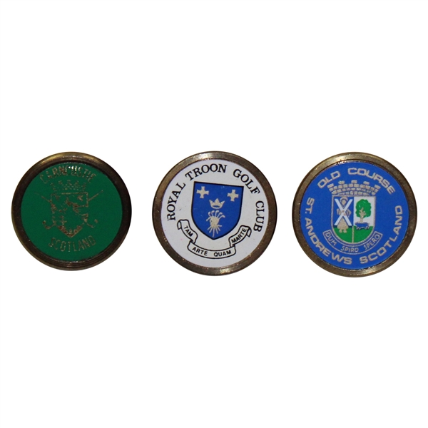 Three (3) Vintage British Open Ball Markers - Carnoustie, Royal Troon, St. Andrews