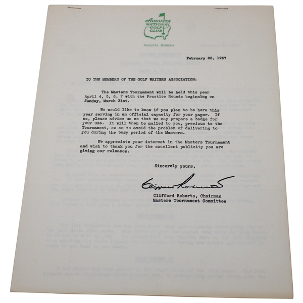 1957 Masters Tournament Golf Writers Association Information Packet