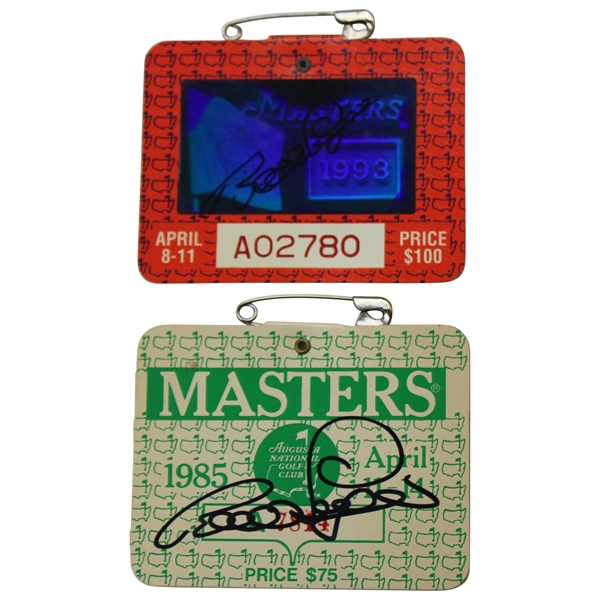 Bernhard Langer Signed 1985 & 1993 Masters Tournament SERIES Badges JSA ALOA