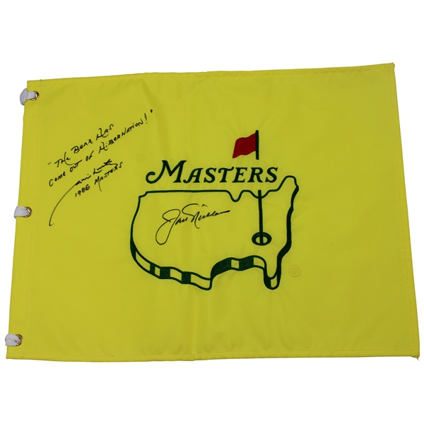 Jack Nicklaus & Jim Nantz Signed Masters Flag w/ The Bear...Hibernation 1986 Masters JSA ALOA