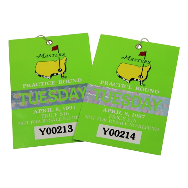 Two (2) 1997 Masters Tournament Tuesday Practice Round Tickets - Tiger Woods 1st Win