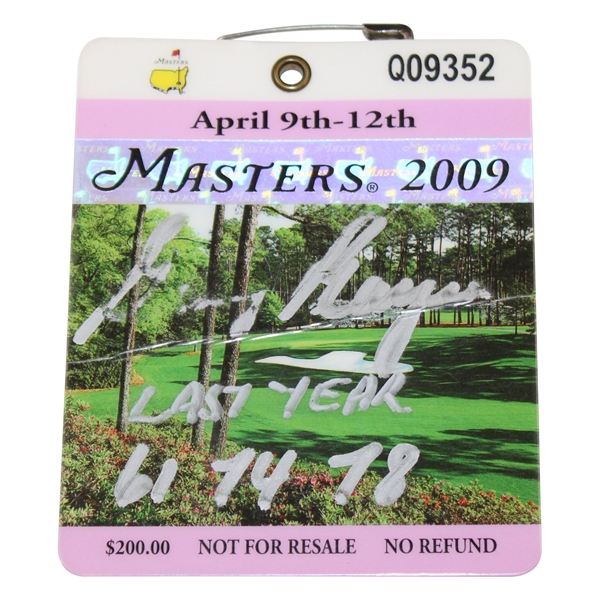 Gary Player Signed 2009 Masters Series Badge #Q09352 w/Years Won & Last Year JSA ALOA