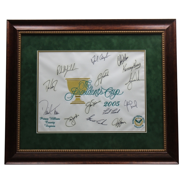 Tiger Woods, Captain Nicklaus & Team Signed 2005 The Presidents Cup Flag - Framed JSA ALOA