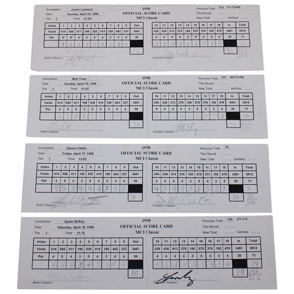 Watson, Leonard, Tway & Five (5) Others Signed 1998 MCI Classic Tournament Used Scorecards